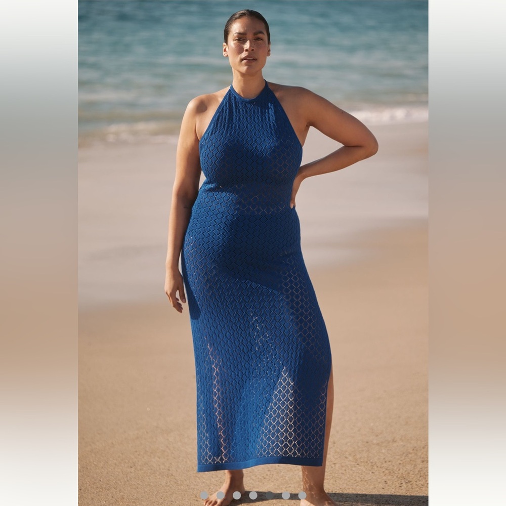 Anthropologie NWT Sz M stunning blue crocheted top-rated halter cover-up dress - Picture 9 of 16